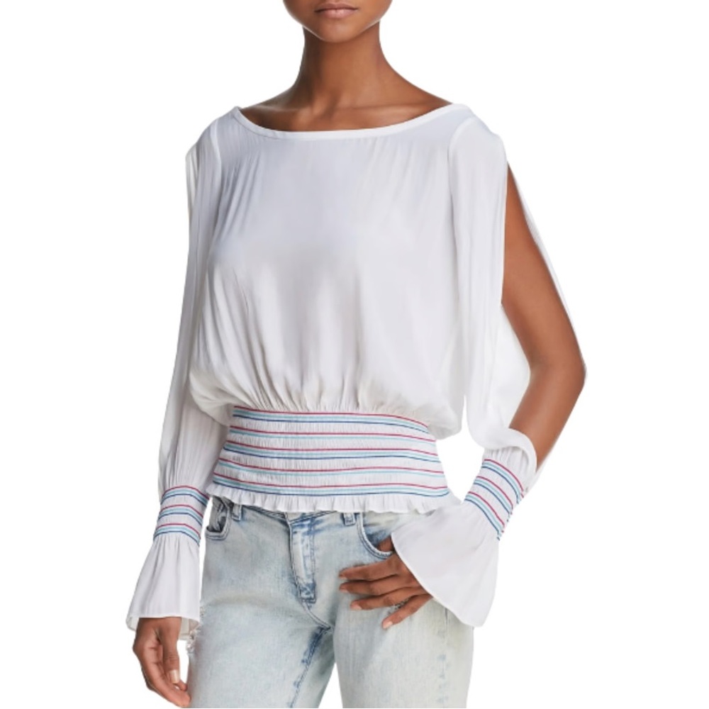 Ramy Brook White Satin Nellie Split Sleeve Smocked Waist Blouse Top S